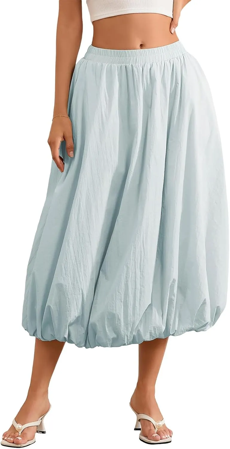 Women's Y2k Bubble Maxi Skirt Elastic Waist Puffy Hem Skirt Casual A Line Flowy Long Flower Bud Skirts