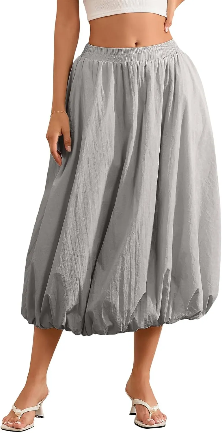 Women's Y2k Bubble Maxi Skirt Elastic Waist Puffy Hem Skirt Casual A Line Flowy Long Flower Bud Skirts