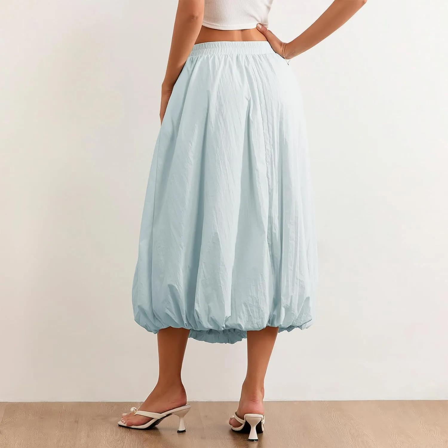 Women's Y2k Bubble Maxi Skirt Elastic Waist Puffy Hem Skirt Casual A Line Flowy Long Flower Bud Skirts