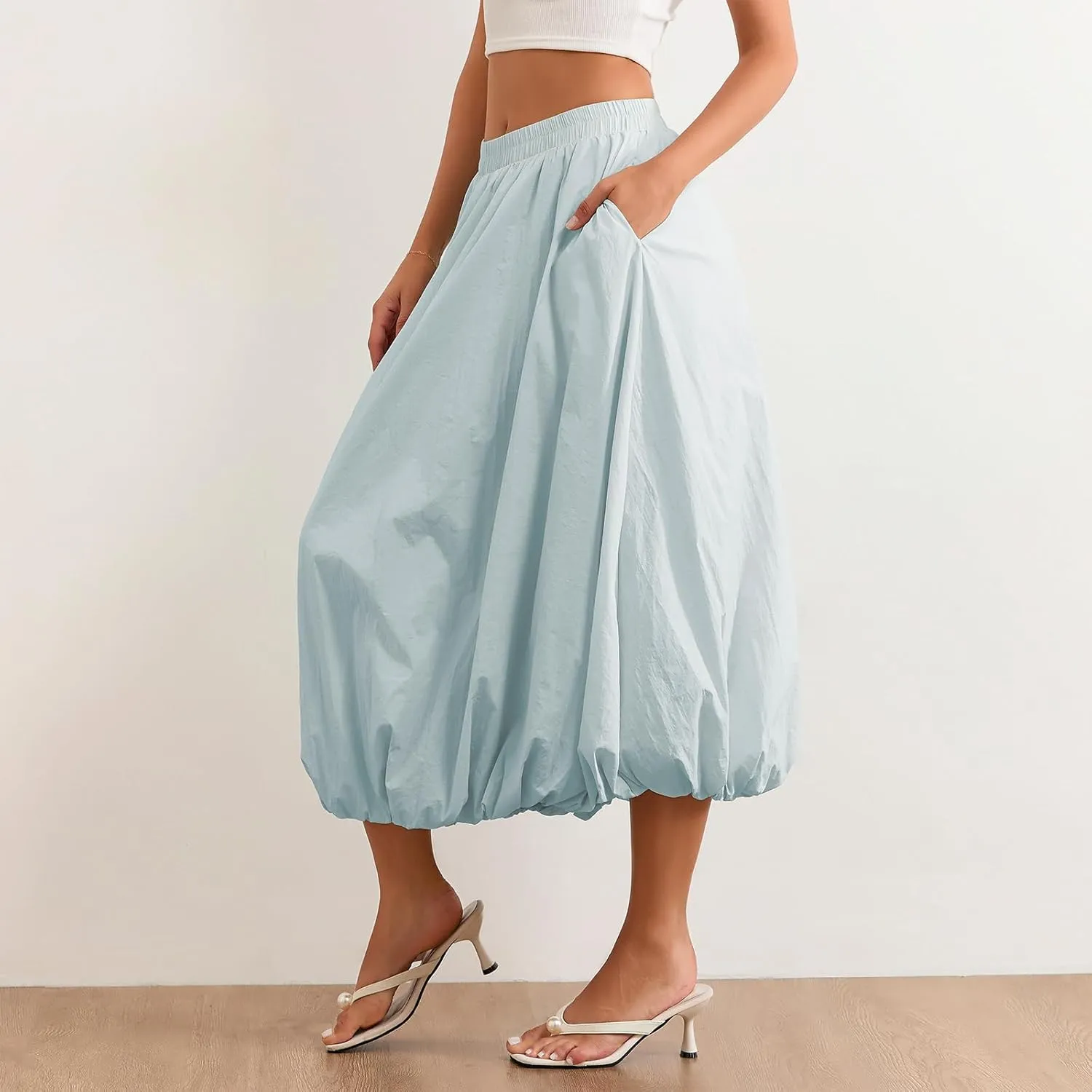 Women's Y2k Bubble Maxi Skirt Elastic Waist Puffy Hem Skirt Casual A Line Flowy Long Flower Bud Skirts
