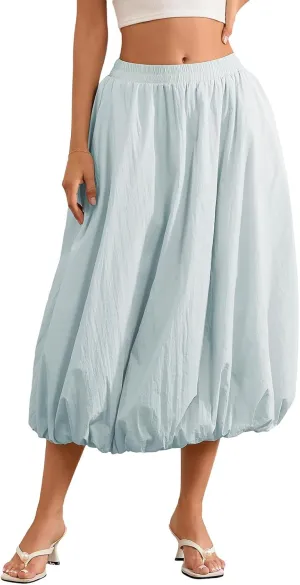 Women's Y2k Bubble Maxi Skirt Elastic Waist Puffy Hem Skirt Casual A Line Flowy Long Flower Bud Skirts