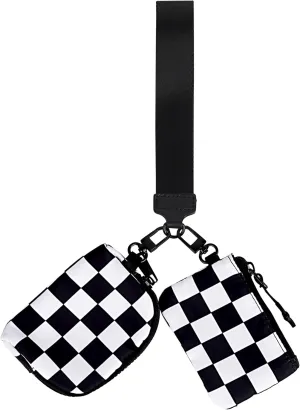 Wrist Keychain Mini Wallet for Women, Checkered Zip Around Wristlet Wallet, Detachable Dual Coin Purse, Black and White Plaid