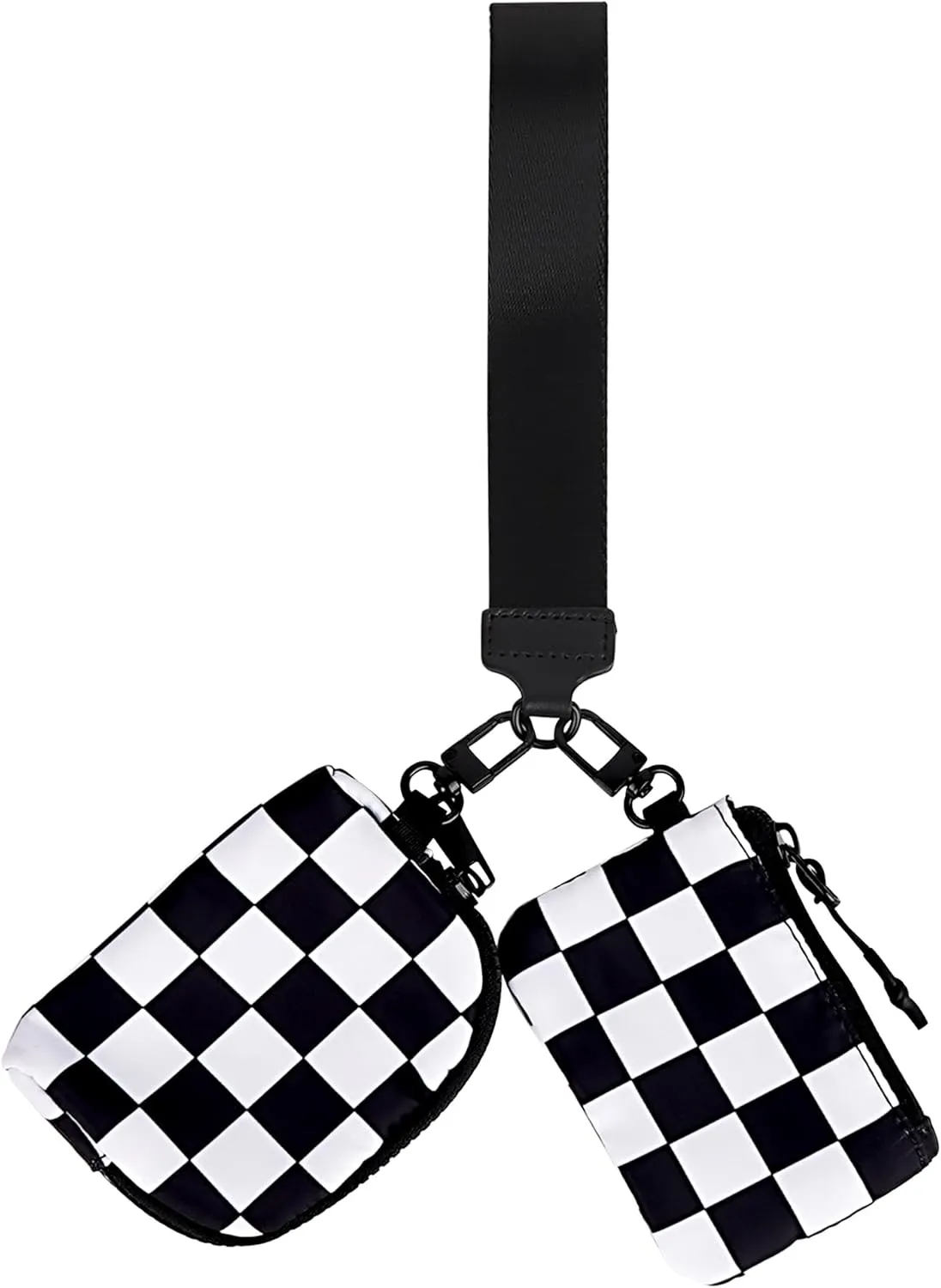 Wrist Keychain Mini Wallet for Women, Checkered Zip Around Wristlet Wallet, Detachable Dual Coin Purse, Black and White Plaid