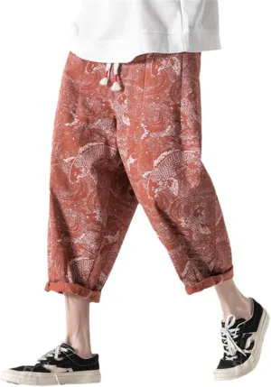 Xingfenly Chinese Pants Joggers Men' Summer Harem Men Print Short Style Calf-Length Casual Baggy Shorts