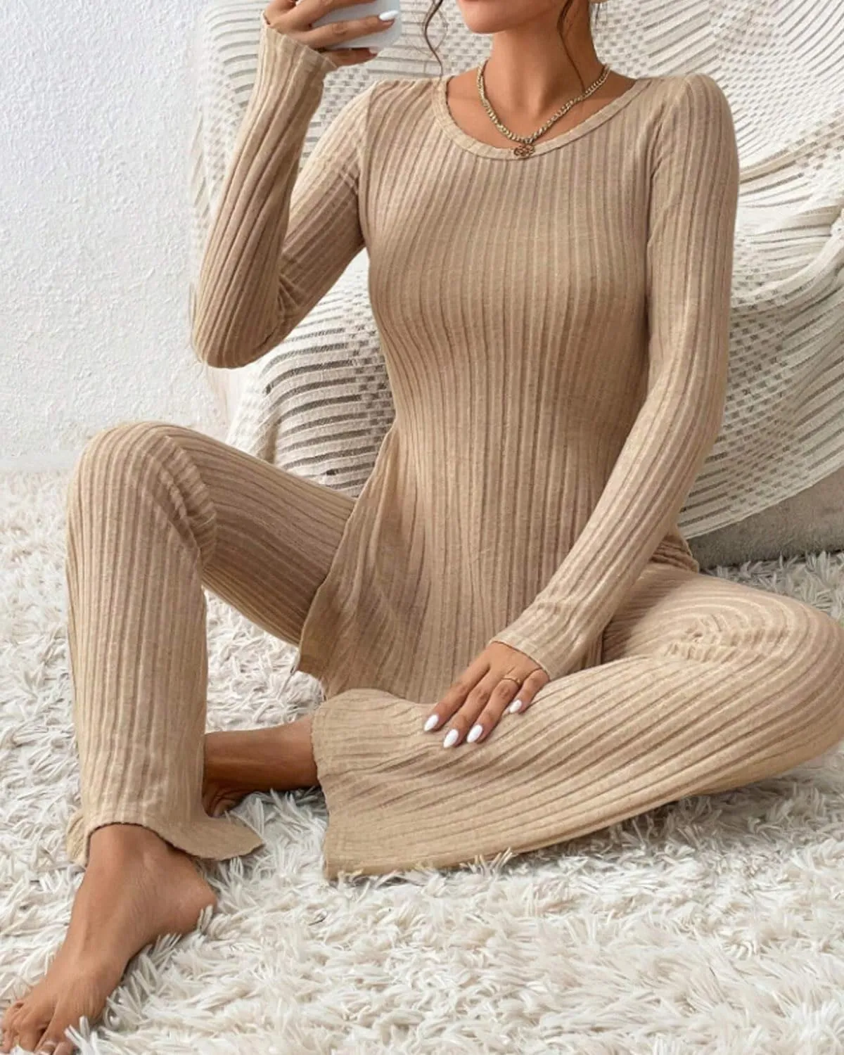 Xixiuly Women's 2 Piece Sweatsuit Outfits Lounge Set Knit Pullover Long Sleeve Sweater Sweatshirt Wide Leg Pants Tracksuit
