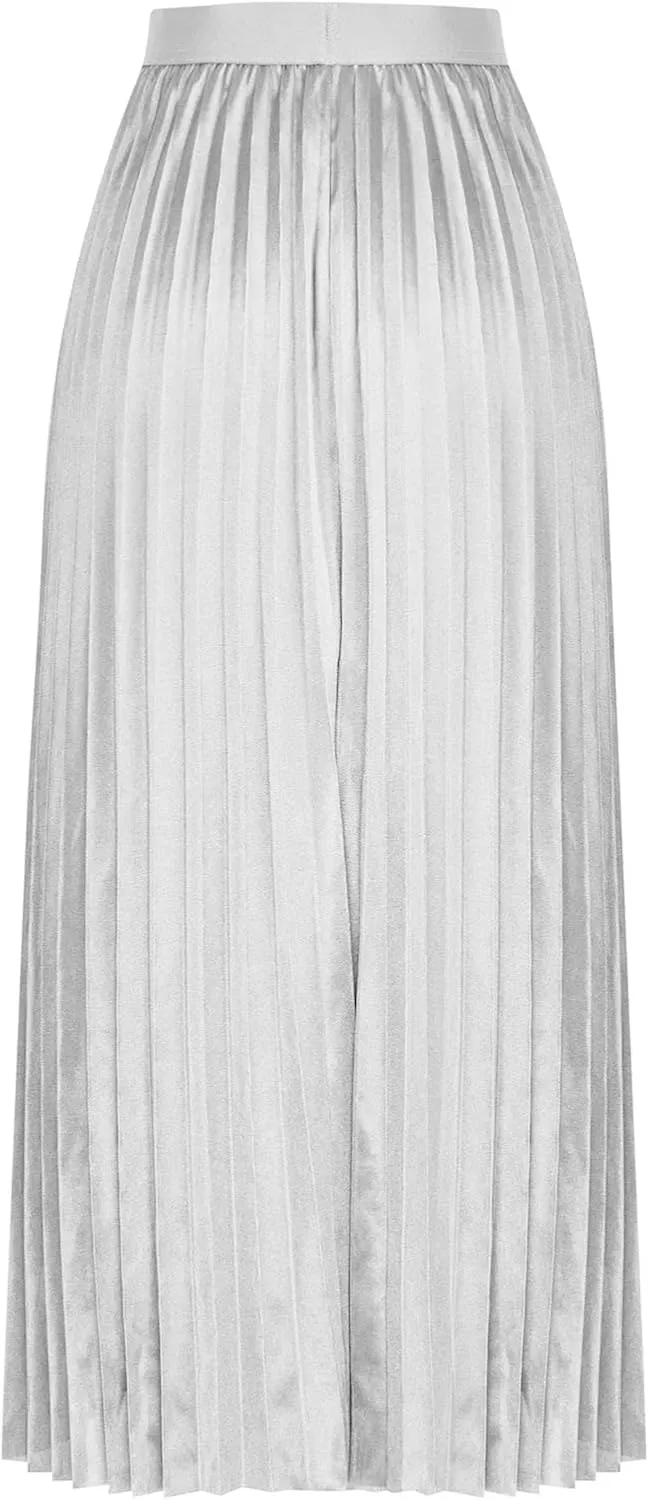XUNRYAN Skirts for Women High Elastic Waist Pleated Shimmer Midi Skirt Flowy Swing A-line Skirts Fashion Clothes
