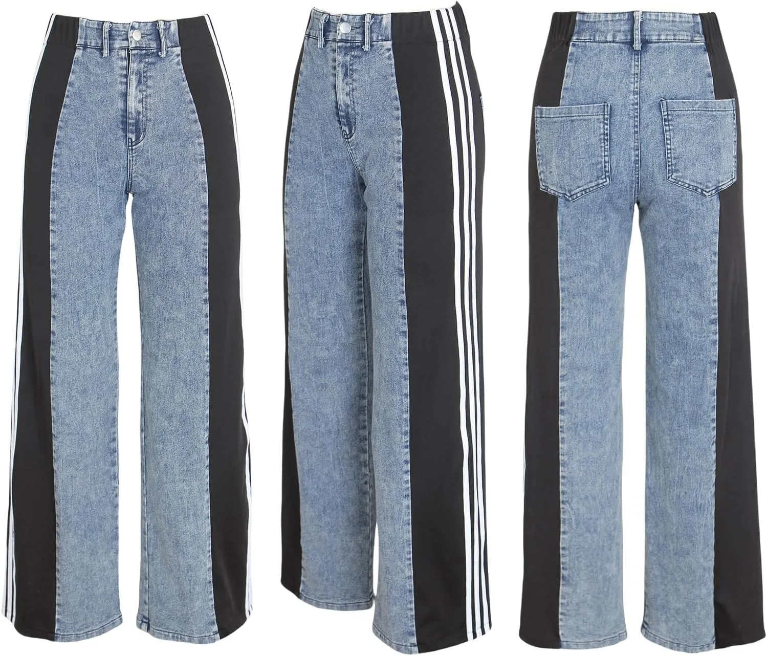 XZLUFNY Women's Jeans Two Tone Patchwork Striped Denim Pant Color Block Straight Wide Leg Trousers