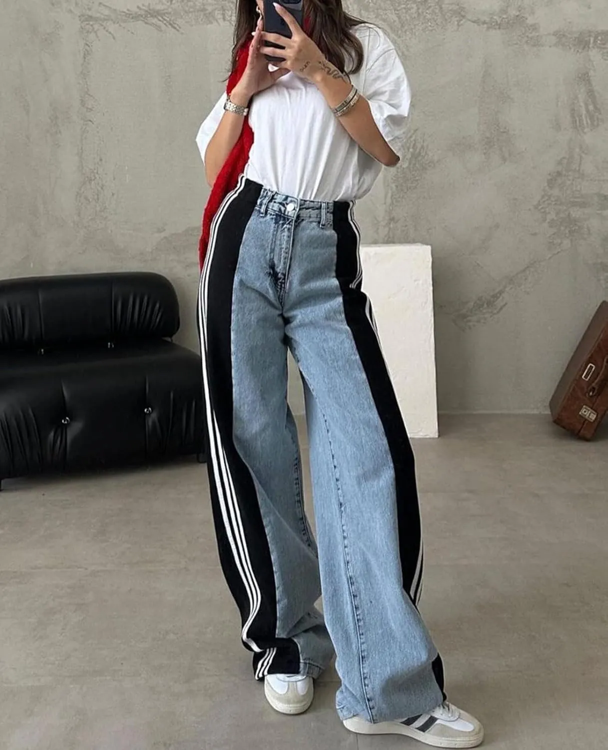 XZLUFNY Women's Jeans Two Tone Patchwork Striped Denim Pant Color Block Straight Wide Leg Trousers