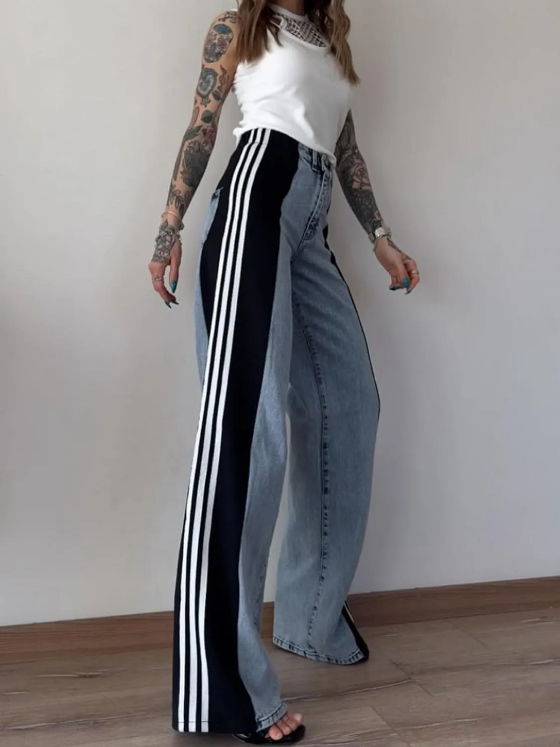 XZLUFNY Women's Jeans Two Tone Patchwork Striped Denim Pant Color Block Straight Wide Leg Trousers