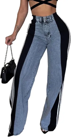 XZLUFNY Women's Jeans Two Tone Patchwork Striped Denim Pant Color Block Straight Wide Leg Trousers