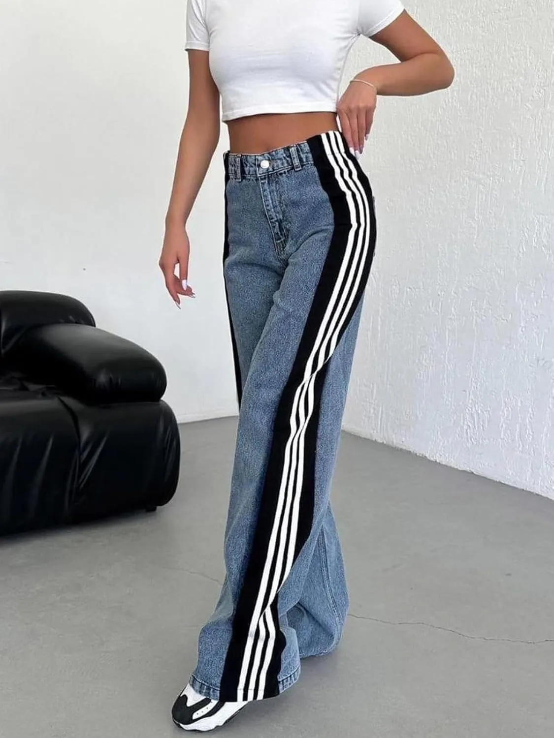 XZLUFNY Women's Jeans Two Tone Patchwork Striped Denim Pant Color Block Straight Wide Leg Trousers