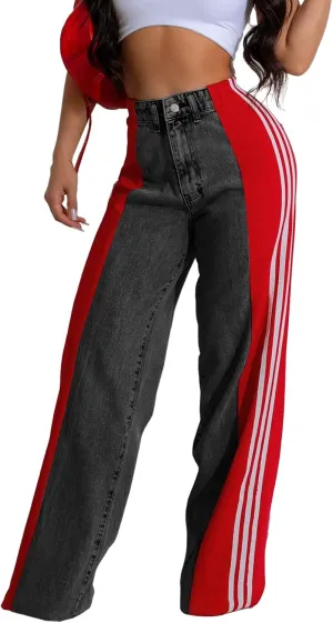 XZLUFNY Women's Jeans Two Tone Patchwork Striped Denim Pant Color Block Straight Wide Leg Trousers