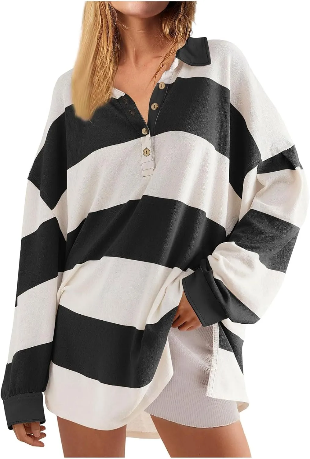 Y2K Tops for Women Fall 2024 Fashion Color Block Striped Polo Shirt Oversized Long Sleeve Button Up Blouse Pullover