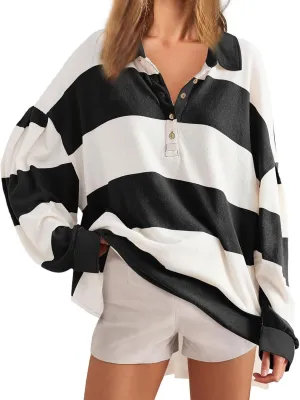 Y2K Tops for Women Fall 2024 Fashion Color Block Striped Polo Shirt Oversized Long Sleeve Button Up Blouse Pullover