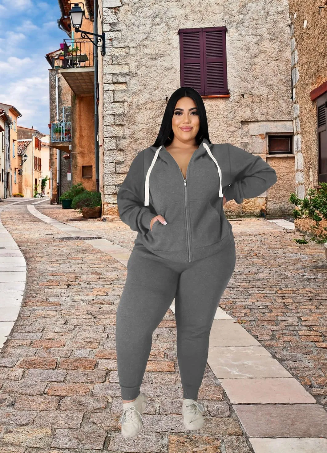 YeGine Womens Plus Size Two Piece Outfits Sweatsuits Casual Long Sleeve Set With Pockets