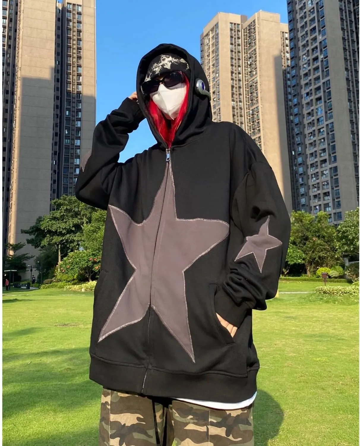 YEOU Women Star Print Zip Up Loose Fit Hoodies Y2K Retro Harajuku Oversized Hip Hop Gothic Punk Sweatshirts