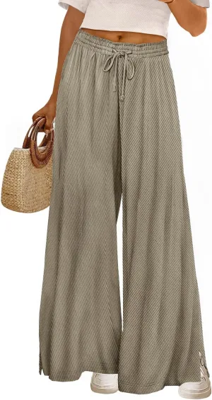 YESNO Women's Wide Leg Woolen Pants Fall Elastic High Waist Casual Palazzo Trousers with Pockets and Side Split PW0