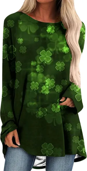 YMING Womens St. Patricks Day Crewneck Pullover Clover Printed Long Shirts Irish Day Shamrock Sweatshirt Tops
