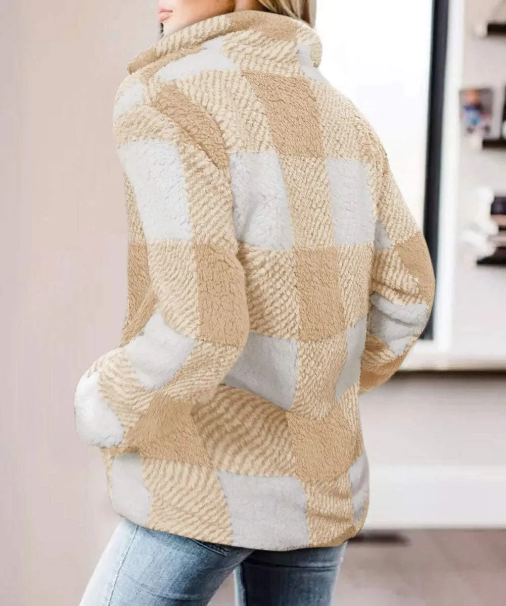 ZESICA Women's Plaid Long Sleeve Zipper Sherpa Fleece Sweatshirt Pullover Jacket Coat with Pockets
