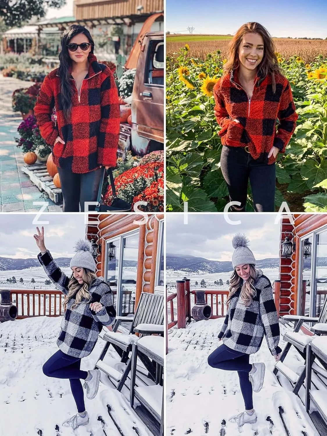 ZESICA Women's Plaid Long Sleeve Zipper Sherpa Fleece Sweatshirt Pullover Jacket Coat with Pockets