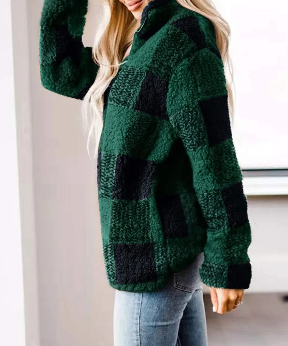 ZESICA Women's Plaid Long Sleeve Zipper Sherpa Fleece Sweatshirt Pullover Jacket Coat with Pockets