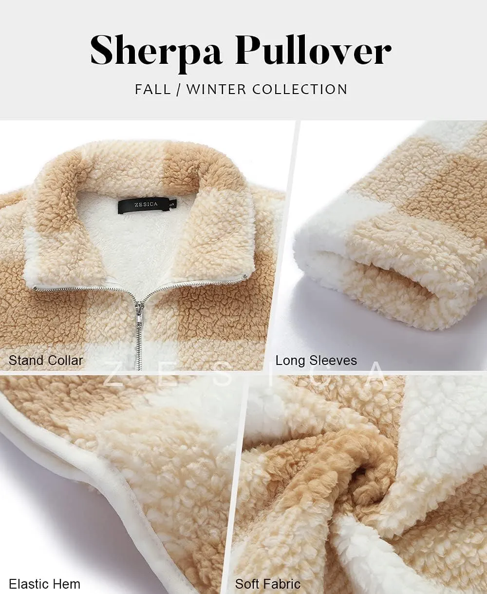 ZESICA Women's Plaid Long Sleeve Zipper Sherpa Fleece Sweatshirt Pullover Jacket Coat with Pockets