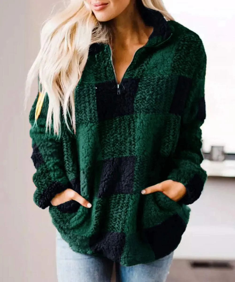 ZESICA Women's Plaid Long Sleeve Zipper Sherpa Fleece Sweatshirt Pullover Jacket Coat with Pockets
