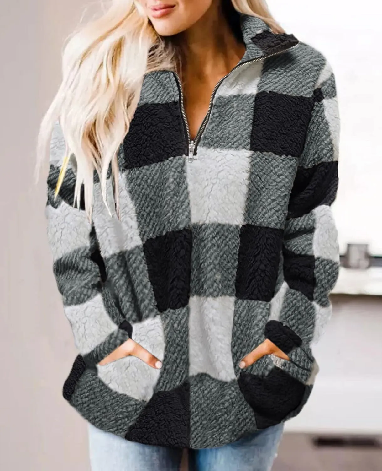 ZESICA Women's Plaid Long Sleeve Zipper Sherpa Fleece Sweatshirt Pullover Jacket Coat with Pockets