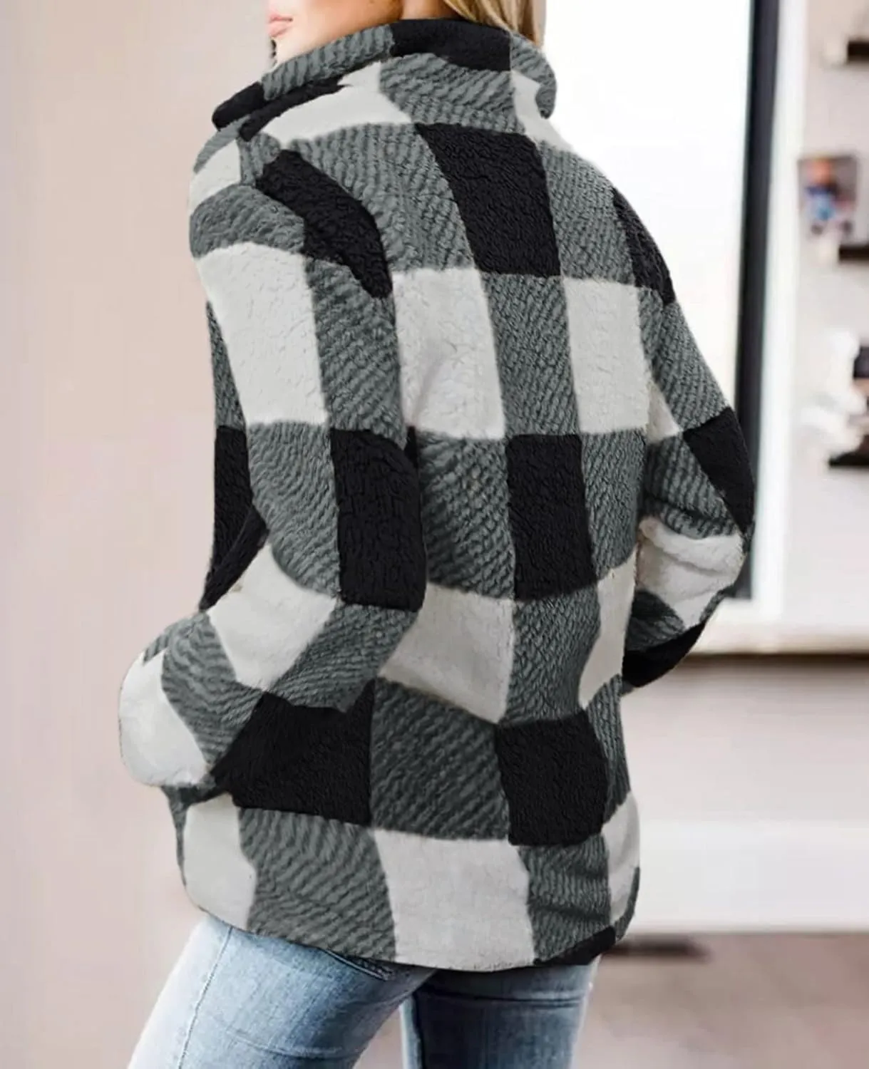ZESICA Women's Plaid Long Sleeve Zipper Sherpa Fleece Sweatshirt Pullover Jacket Coat with Pockets