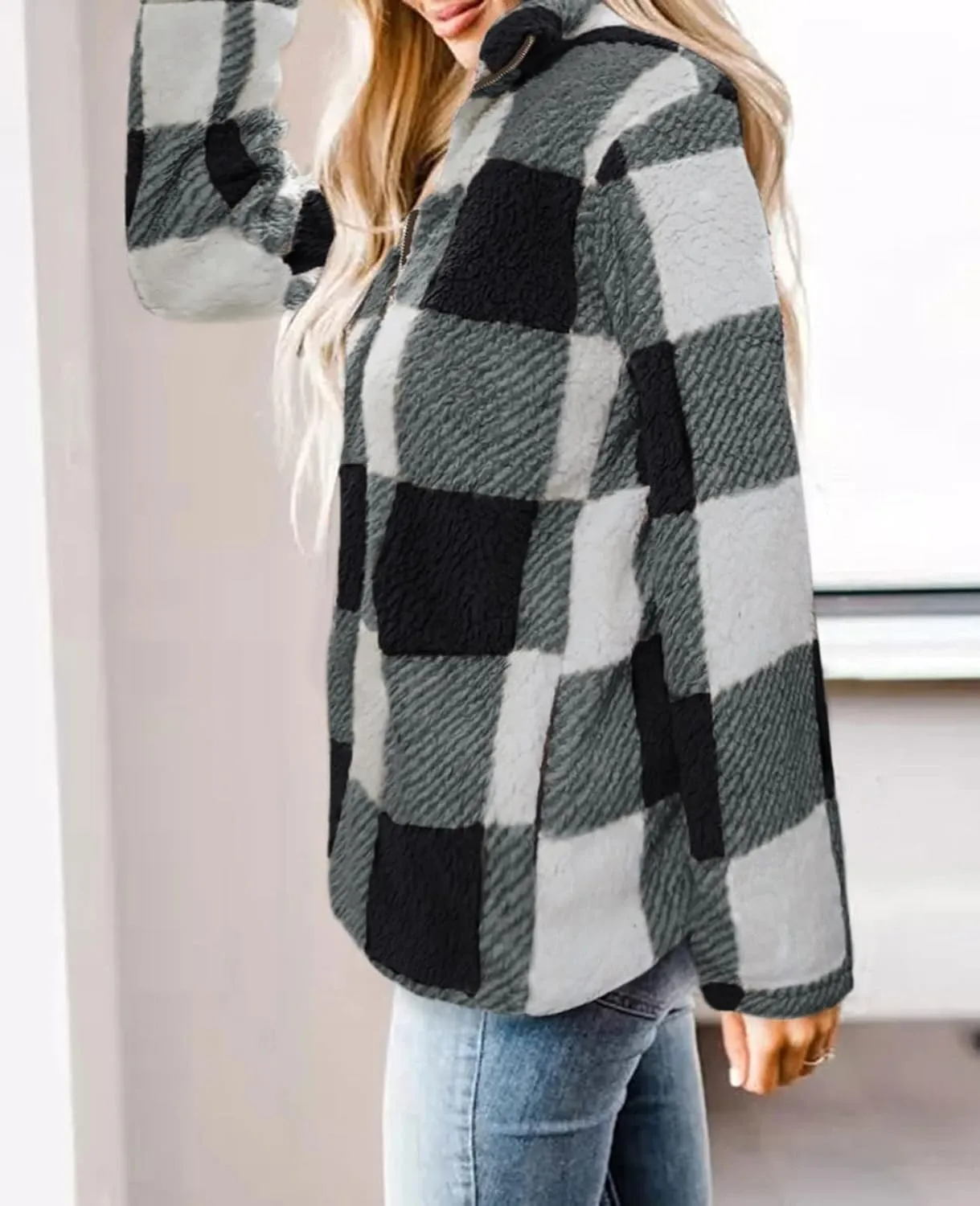 ZESICA Women's Plaid Long Sleeve Zipper Sherpa Fleece Sweatshirt Pullover Jacket Coat with Pockets