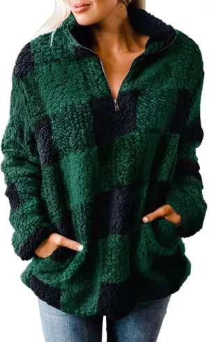 ZESICA Women's Plaid Long Sleeve Zipper Sherpa Fleece Sweatshirt Pullover Jacket Coat with Pockets