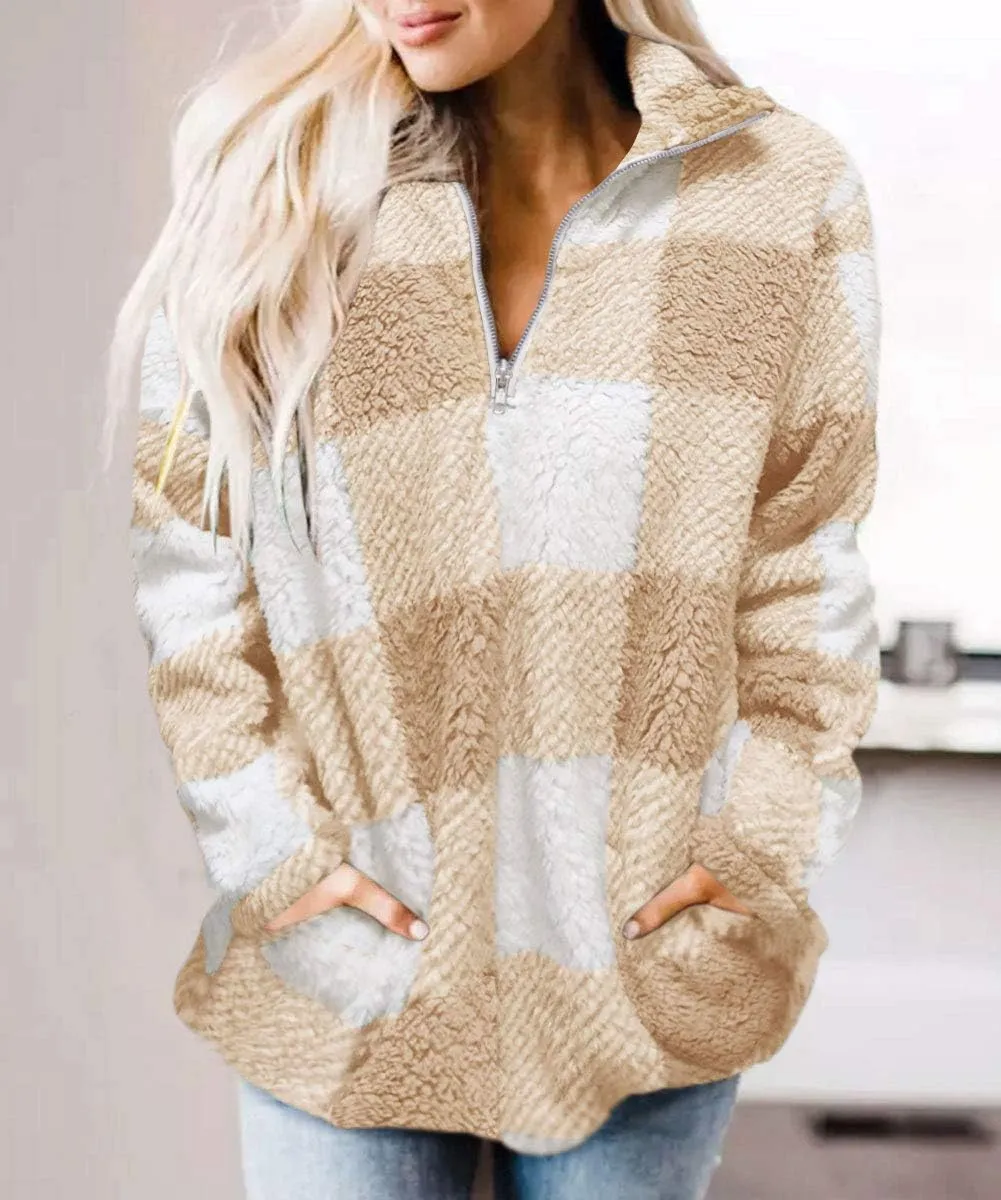 ZESICA Women's Plaid Long Sleeve Zipper Sherpa Fleece Sweatshirt Pullover Jacket Coat with Pockets