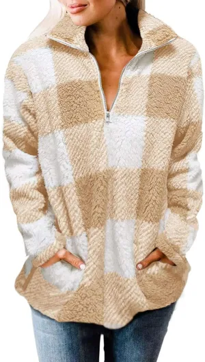 ZESICA Women's Plaid Long Sleeve Zipper Sherpa Fleece Sweatshirt Pullover Jacket Coat with Pockets