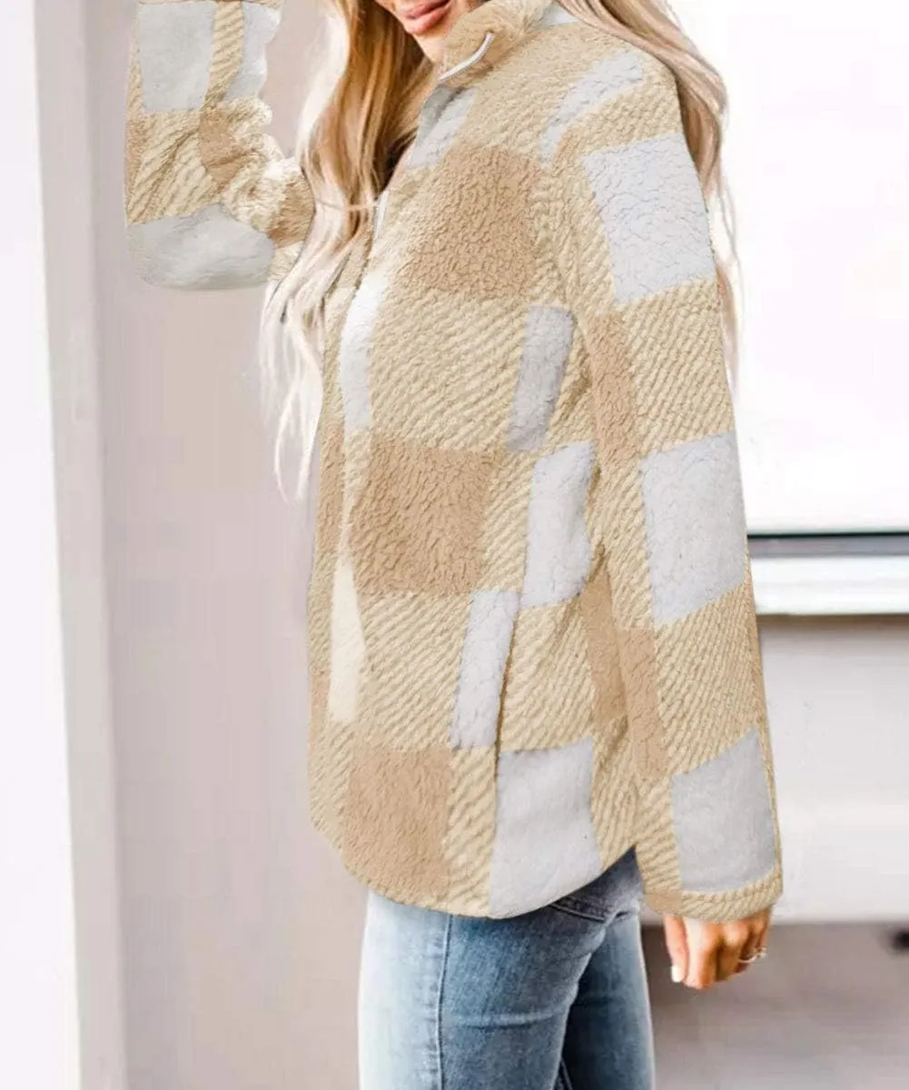 ZESICA Women's Plaid Long Sleeve Zipper Sherpa Fleece Sweatshirt Pullover Jacket Coat with Pockets