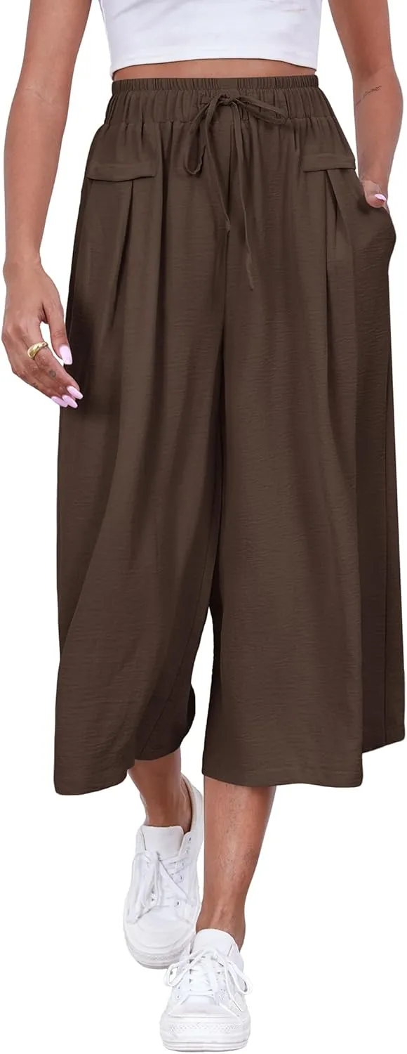 ZJCT Womens Capri Pants Summer Beach Crop Wide Leg Palazzo Capris with Pockets